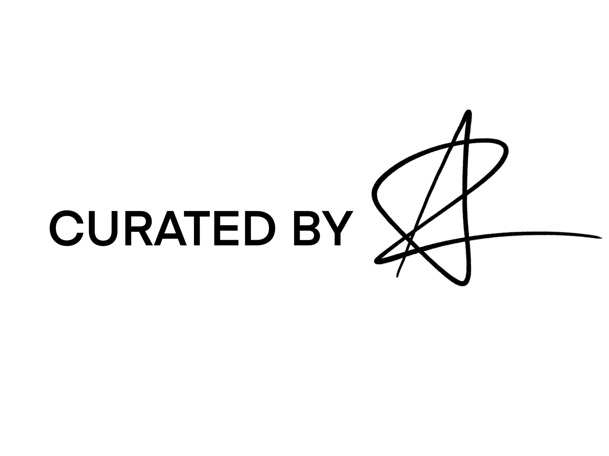 Text reads 'CURATED BY' with a signature or stylized mark next to it.