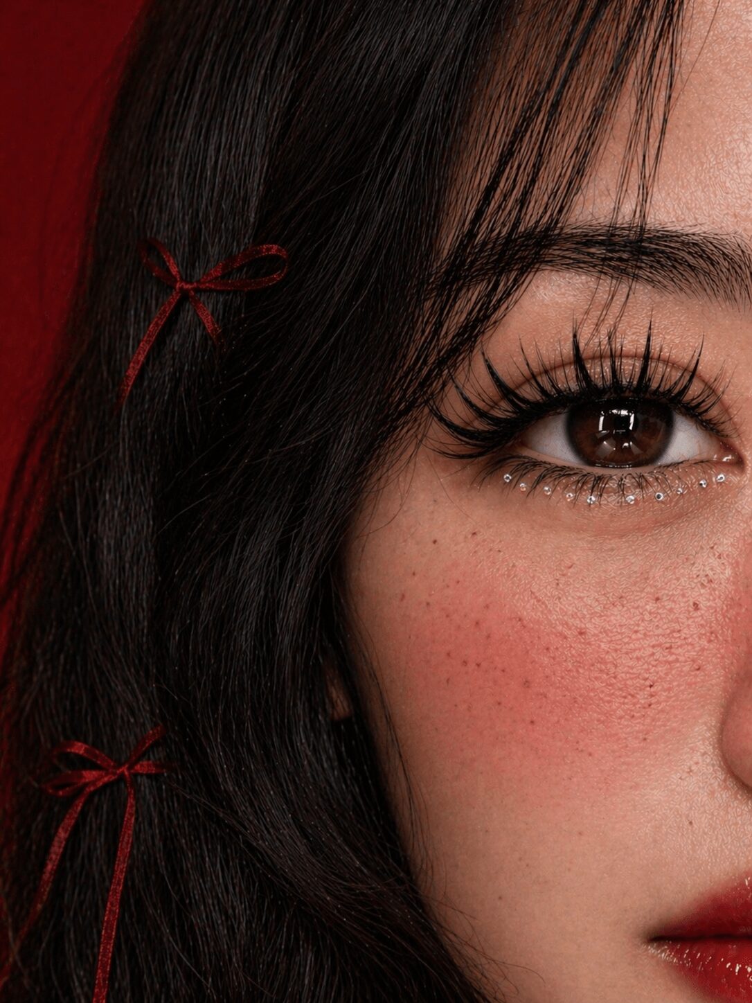 Close-up of a young woman's face showing her eye, eyebrow, and part of her cheek with freckles and makeup.