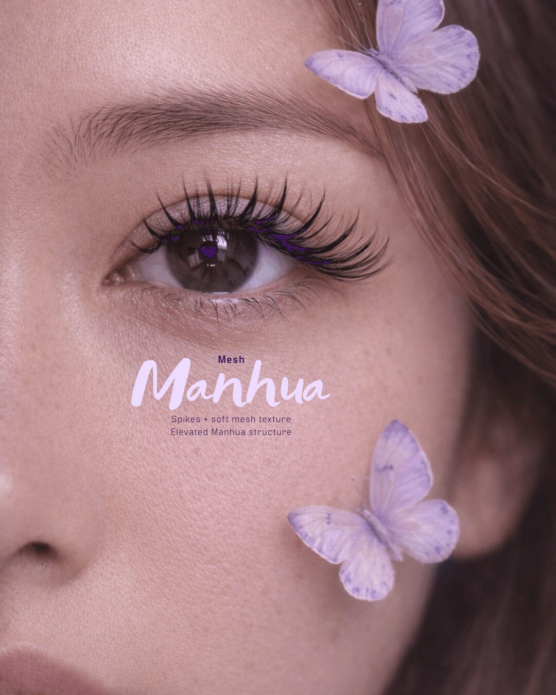 Close-up of a person's eye with makeup, two purple butterflies on face and hair, and text reading 'Mesh Manhya'.
