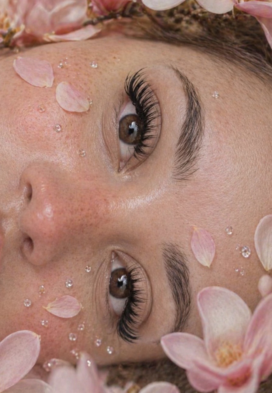 Close-up of a woman's face with eyes open, surrounded by pink flower petals and small water droplets.