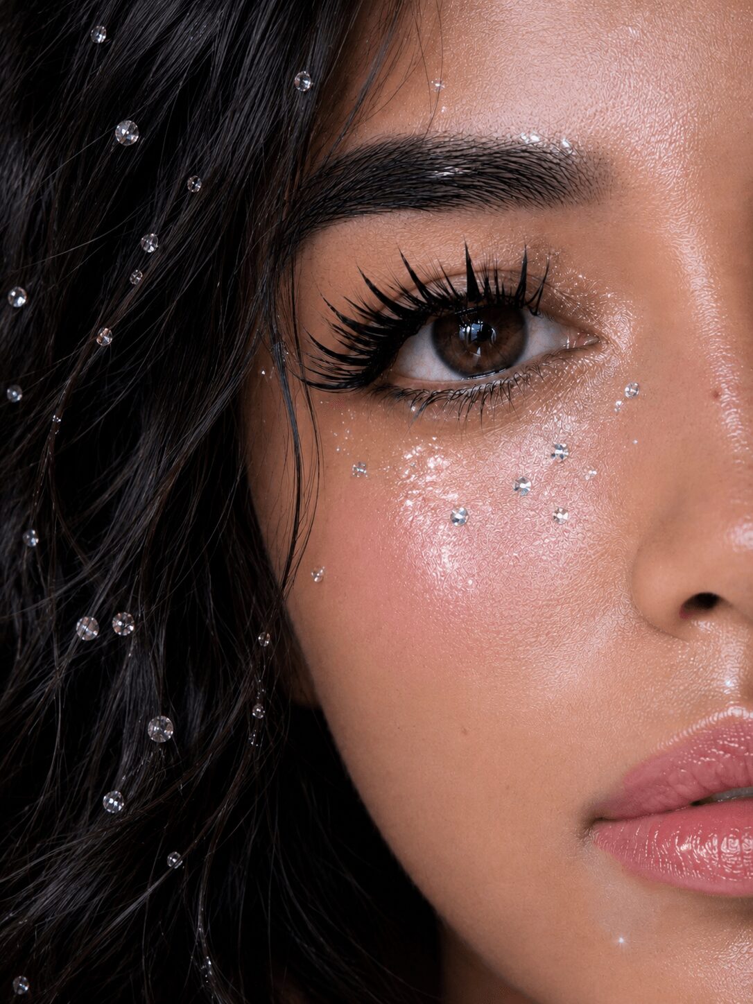 Close-up of a woman's face showing eye makeup, long eyelashes, and decorative rhinestones on her cheek, with dark hair and smooth skin.