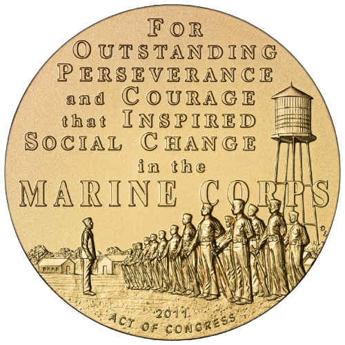 Text about perseverance, courage, and social change with a line of people and a water tower in the background.