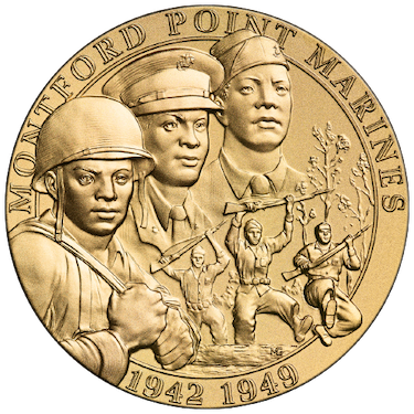 Gold-colored coin with three women in military uniforms and helmets, and soldiers holding rifles, commemorating Montford Point Marines from 1942-1949.