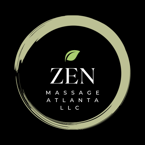 Logo with a green circle, leaf, and text for Zen Massage Atlanta LLC, on a black background.