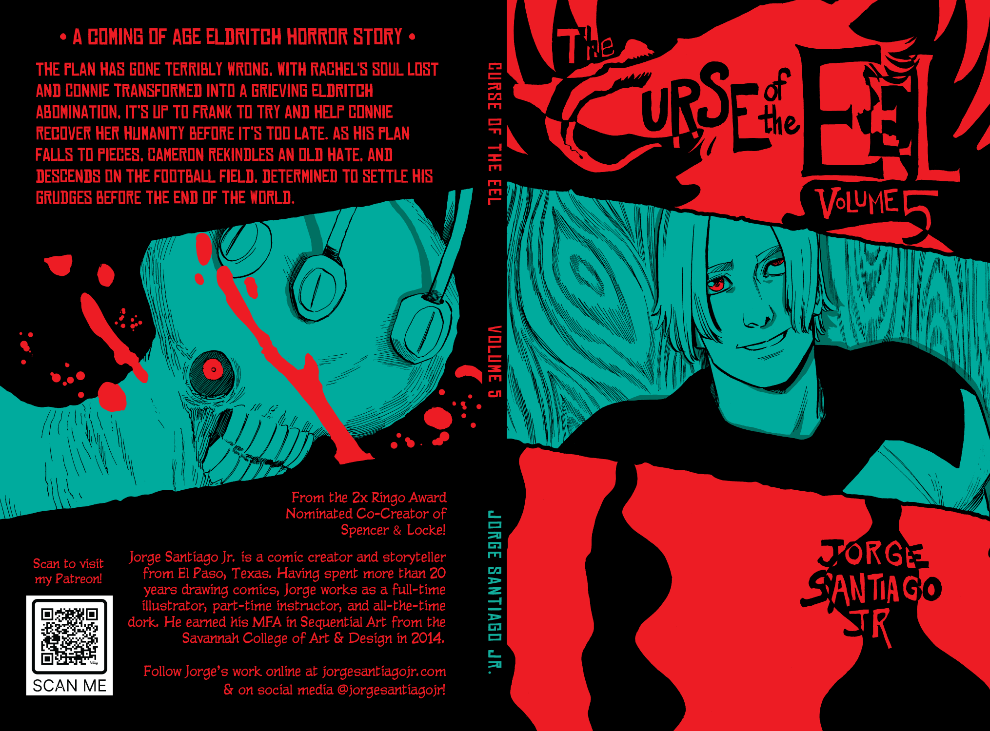 Comic book cover with a smiling person, title 'Curse of the Volume,' and red, black, and teal colors. Text and artwork visible.