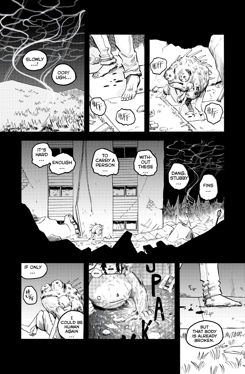 A black-and-white comic panel with dialogue about carrying a person, danger, and a storm, featuring a person lying on the ground.