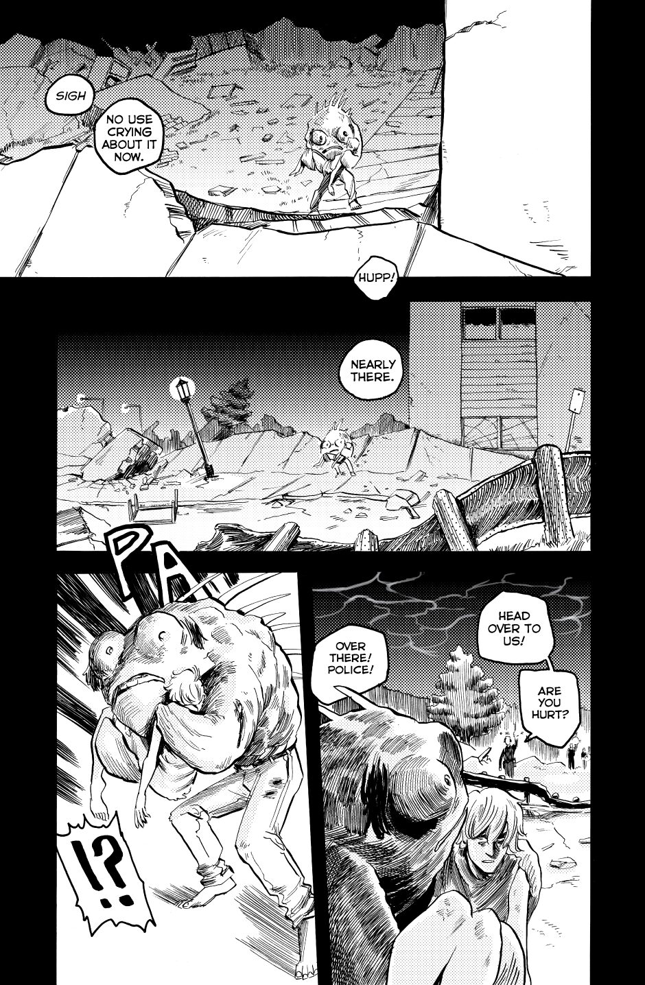Person in a destroyed area with debris, talking to a dog, and a woman with a child nearby, in black and white comic style.