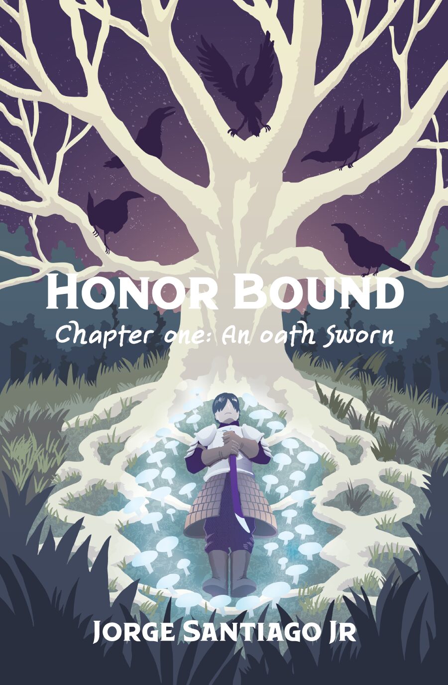 A girl stands before a large white tree with black birds flying around it at night, holding a glowing object. 20 words.