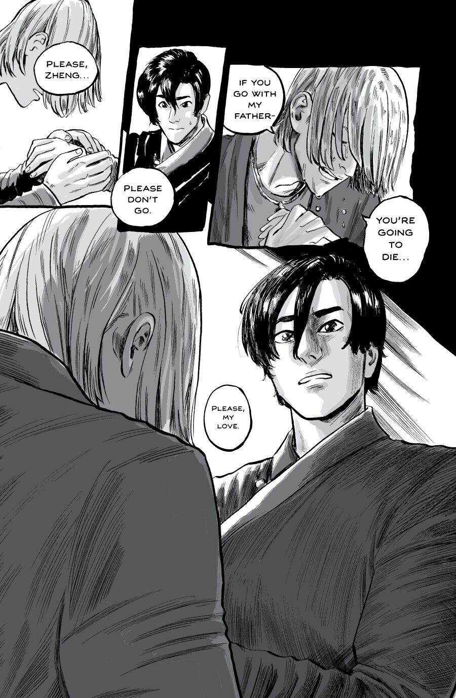 Two people in a tense conversation, one pleading and the other comforting, with emotional expressions. Four panels depict dialogue and close-ups.