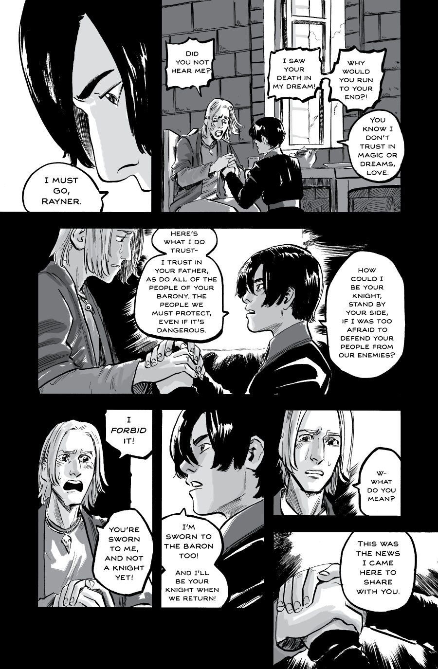 Four panels of a manga scene with characters discussing trust, love, and betrayal; emotional expressions and dialogue visible.