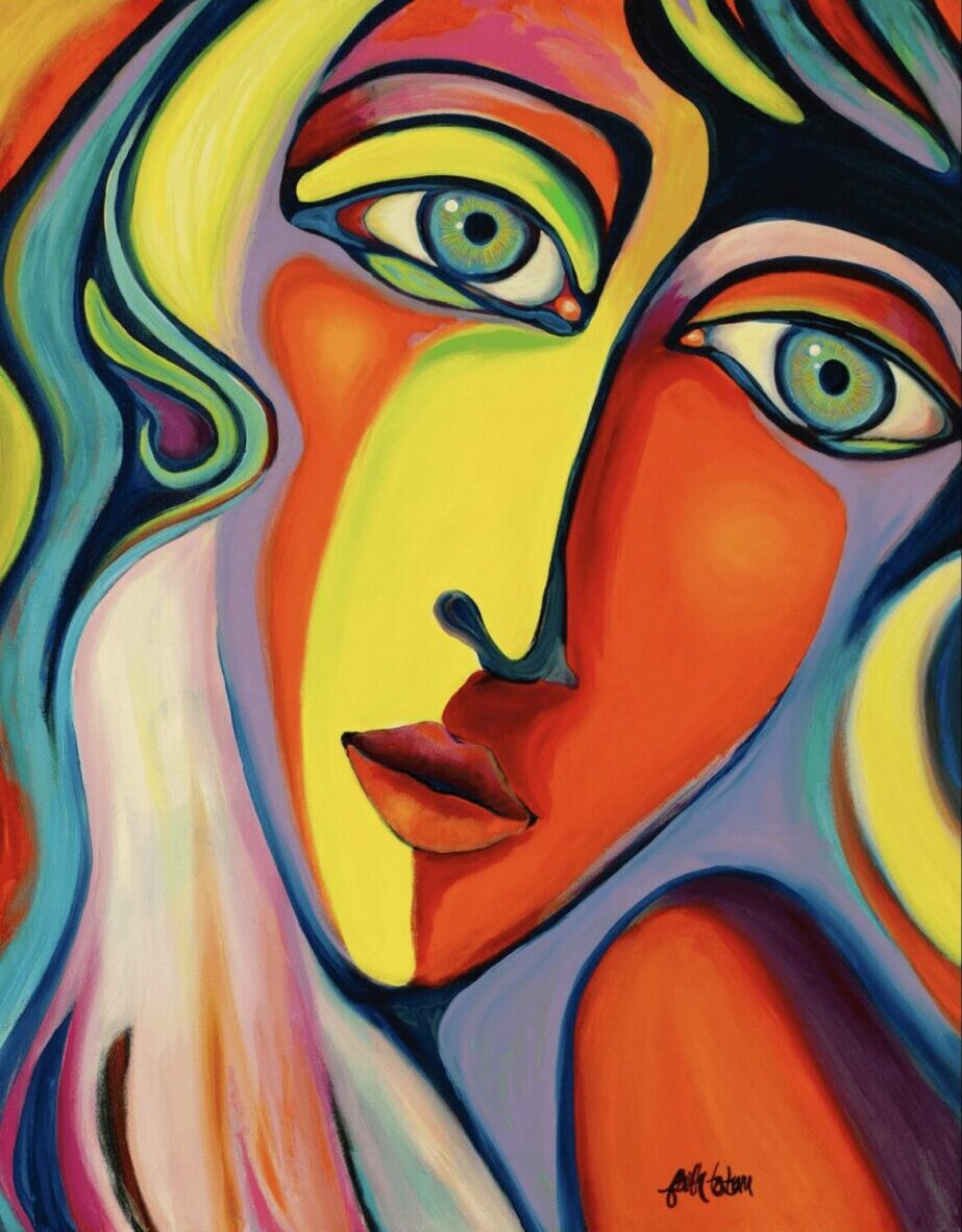 Colorful abstract portrait of a woman's face with vibrant hues and expressive features.