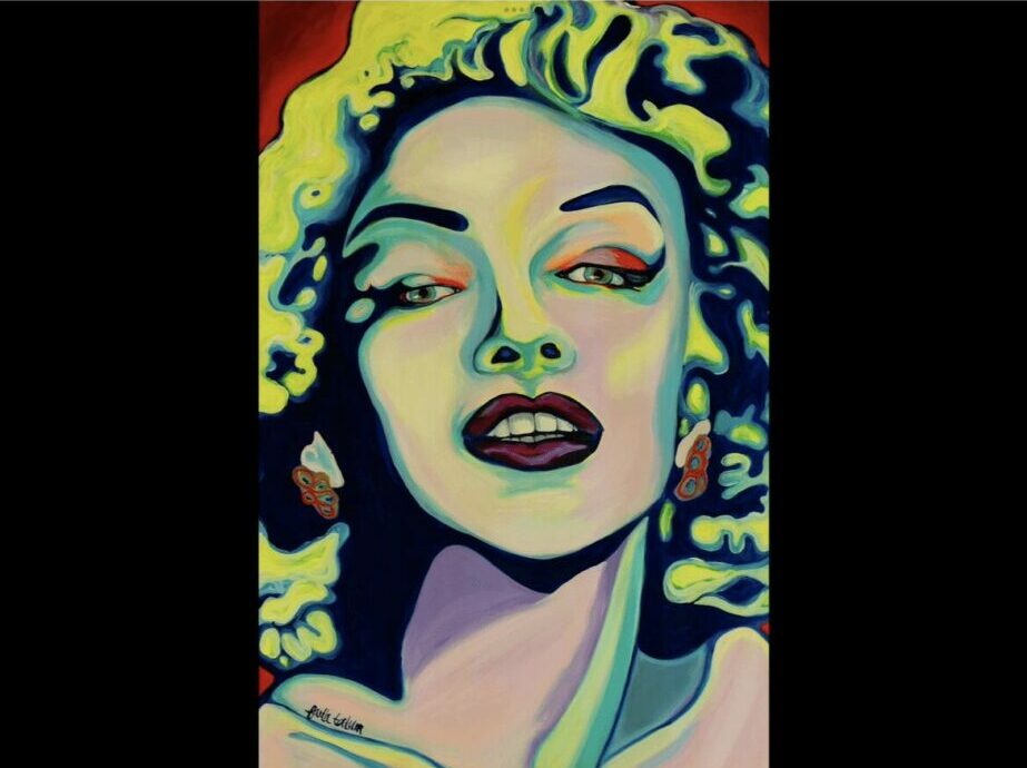 Colorful portrait of a woman with curly hair, makeup, and a confident expression, in a pop art style.