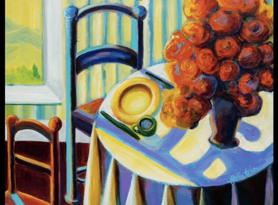 Painting of a table with a vase of flowers, a hat, and chairs near a window with curtains.
