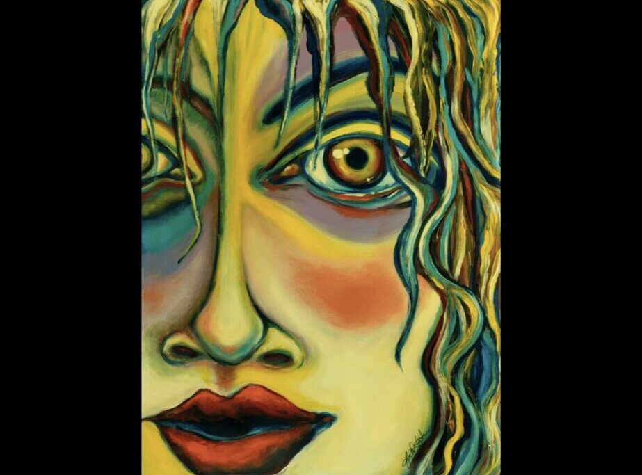 Colorful portrait of a person with curly hair, one eye visible, and vibrant makeup, in a painted style.
