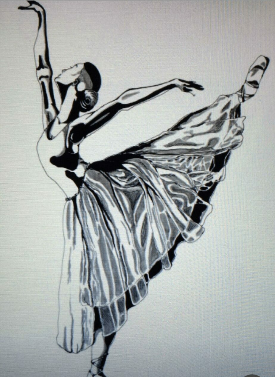 Black and white sketch of a ballet dancer in a pose with one leg extended and arms raised, wearing a flowing dress.