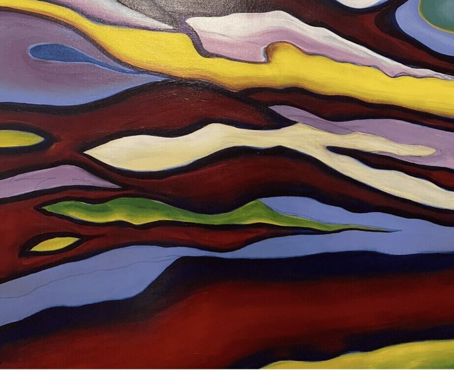 Abstract painting with wavy lines in various colors including yellow, purple, green, blue, and red.