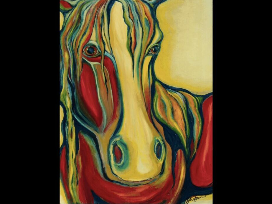 Abstract colorful swirling pattern with red, yellow, green, and blue shapes, resembling a distorted face or figure.