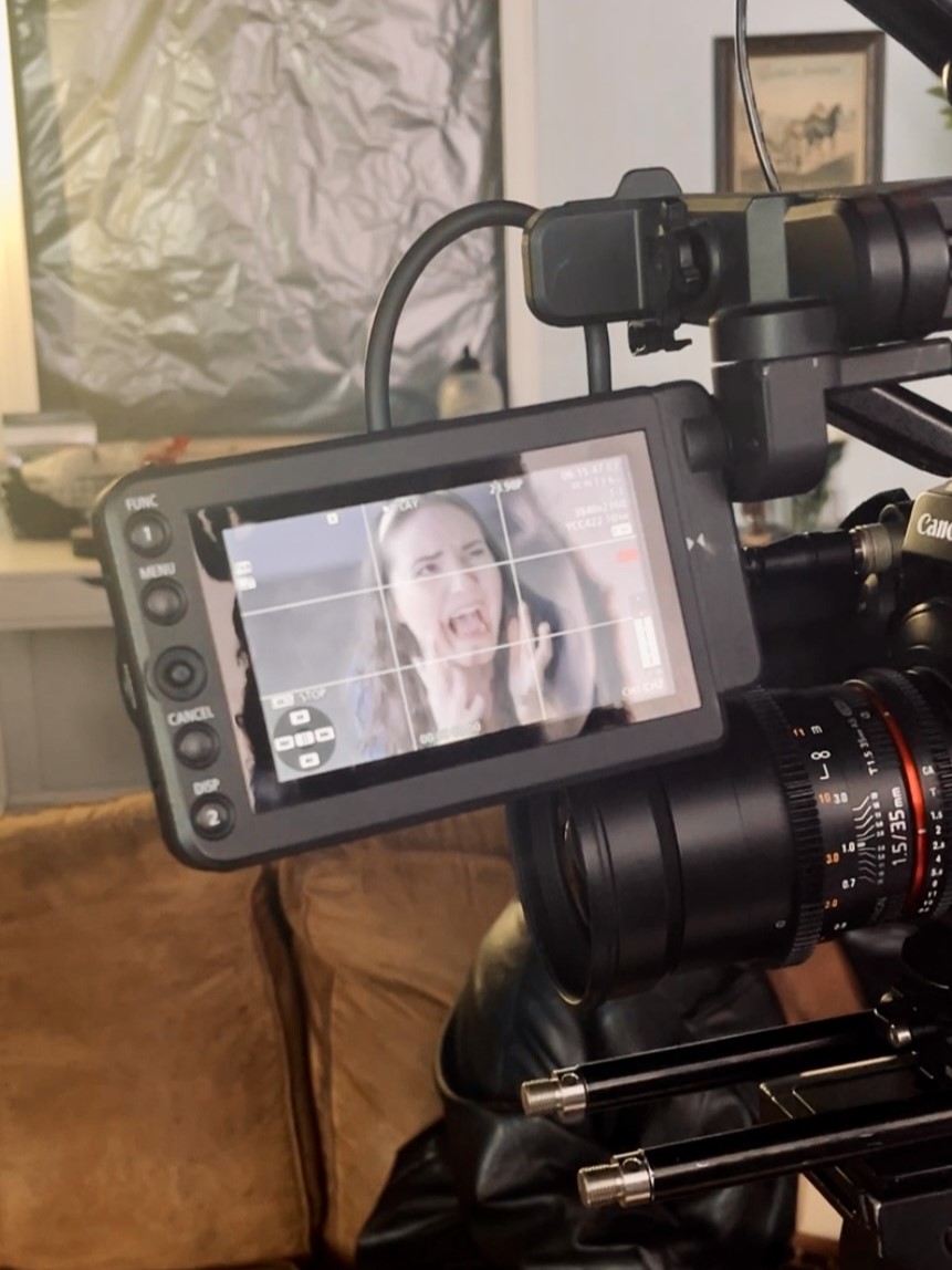 Camera monitor showing a woman with long hair, set up on a professional camera rig in a room with a brown couch and window.