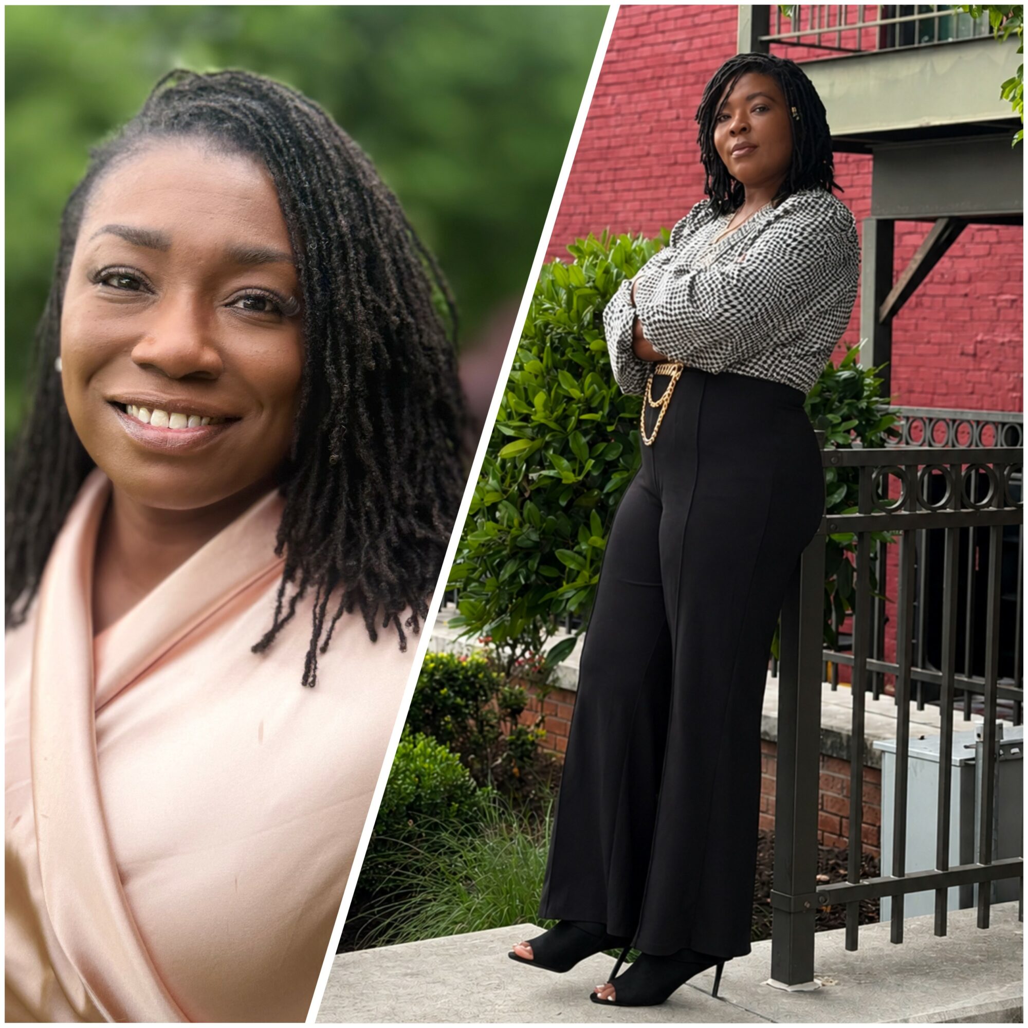 Two women pose outdoors, one smiling with natural background, the other standing near a brick building and railing.