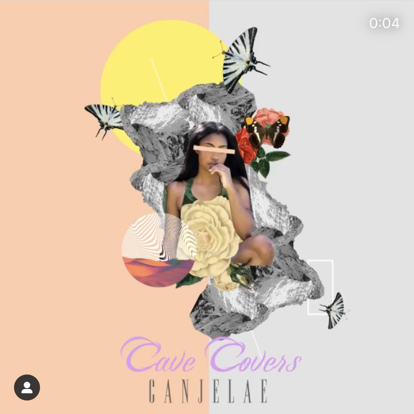 A collage with a girl, butterflies, flowers, rocks, and colorful shapes on a pastel background.