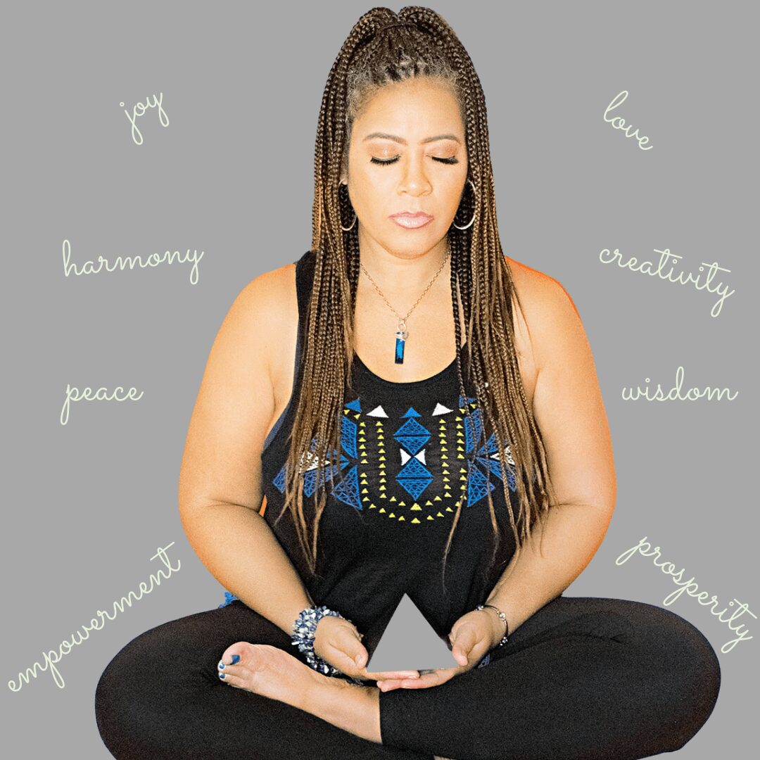 Woman with braided hair sitting cross-legged, holding a phone, with words like joy, love, harmony, and wisdom around her.