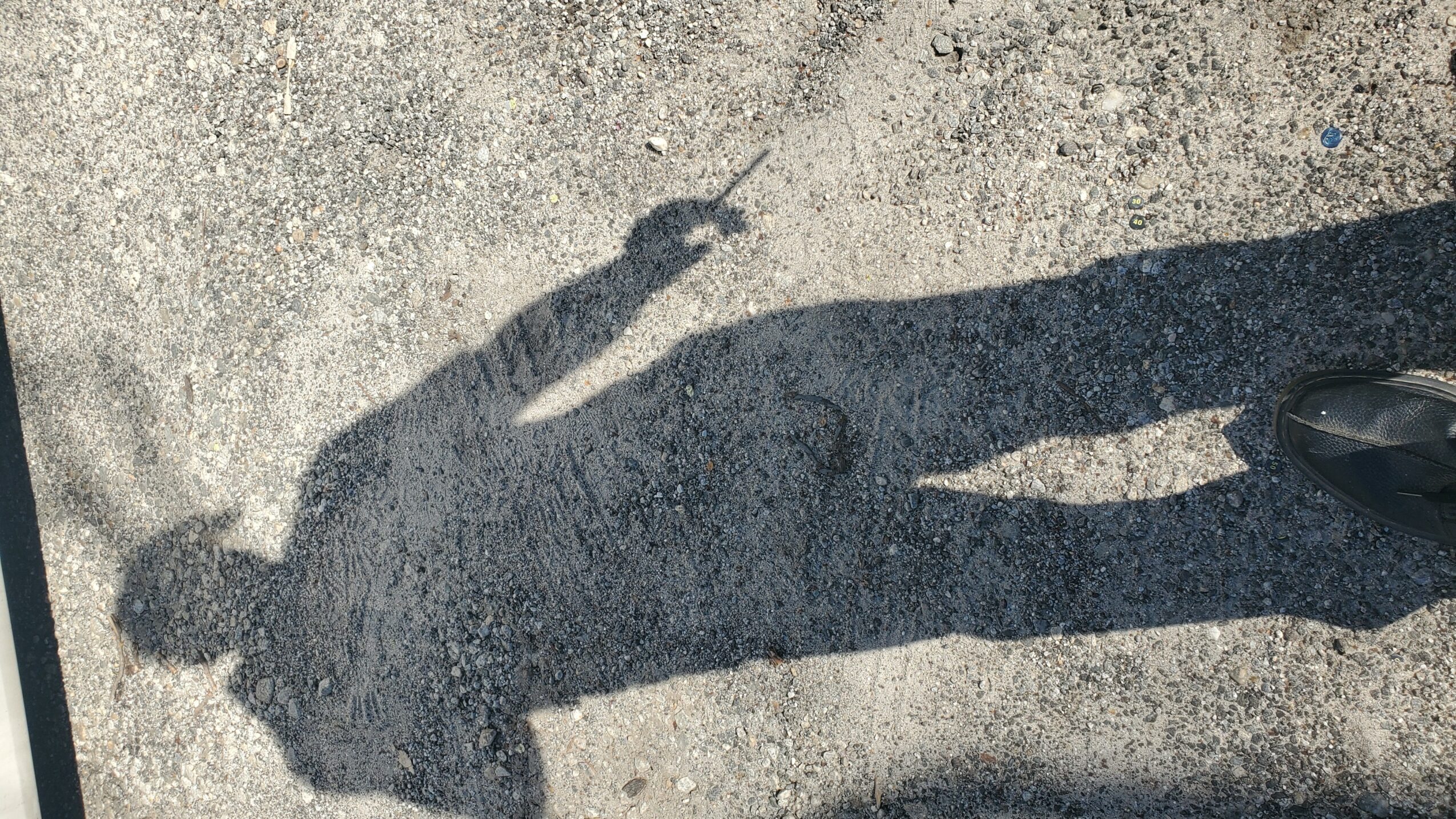 Shadow of a person standing on a rough surface, with one arm raised and pointing.