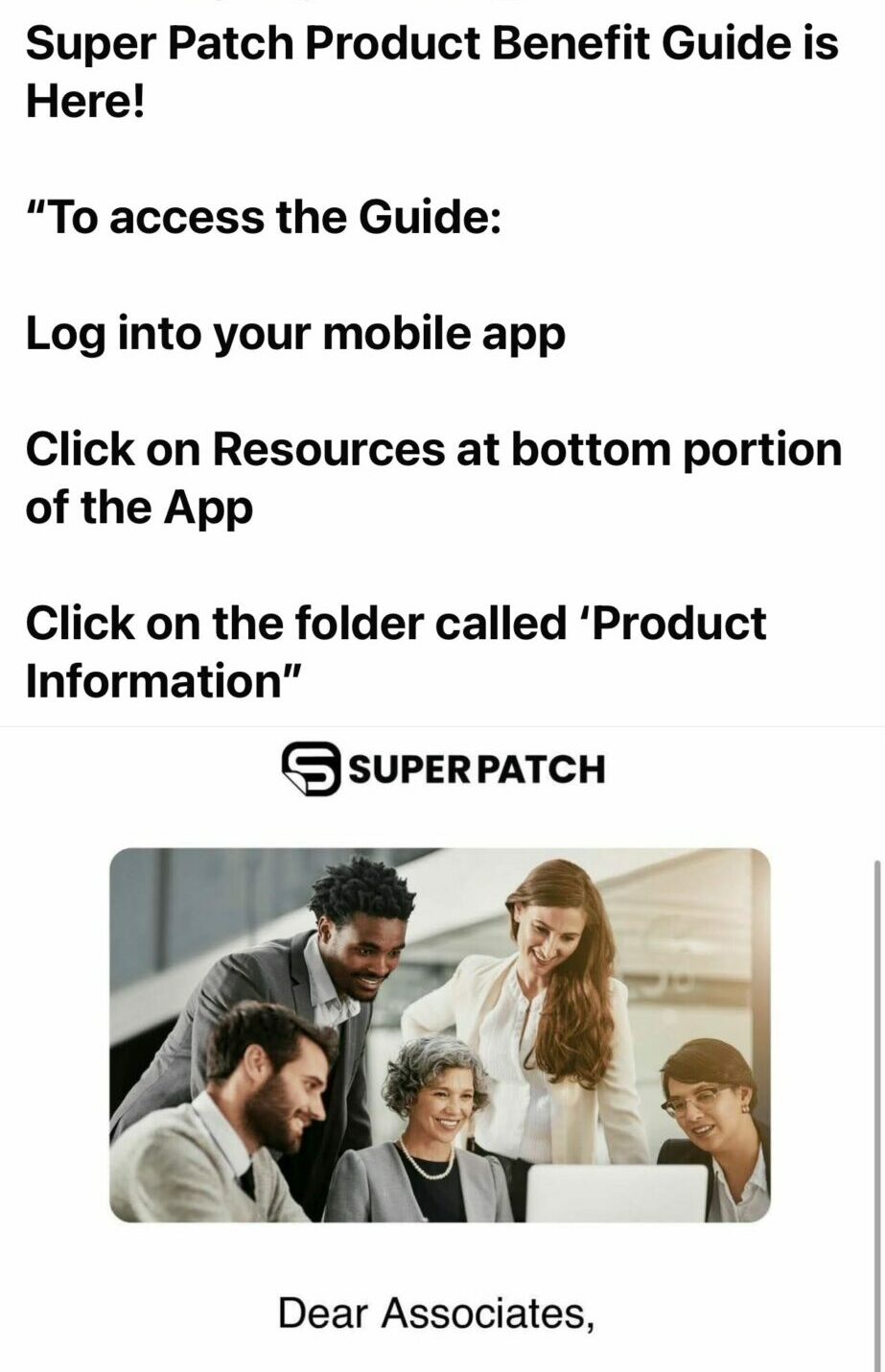 Screen displaying instructions to access a product benefit guide, with a group of people in a meeting or discussion, smiling.
