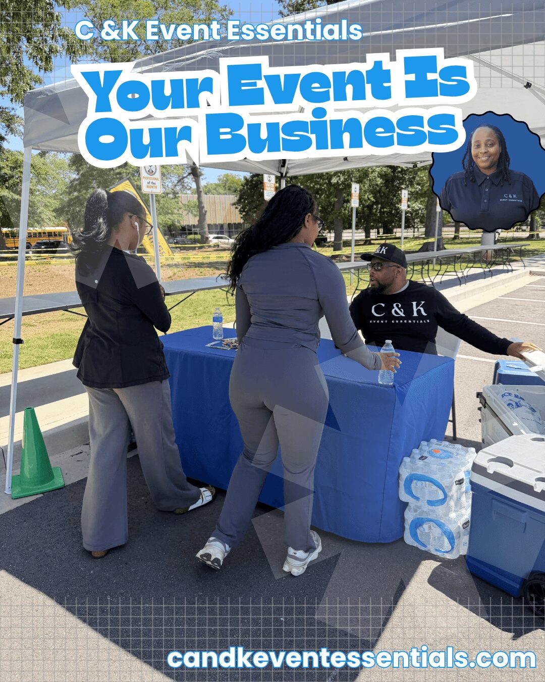 Three people at a table outdoors, with a building and trees in the background, promoting event essentials. Text overlay: 'Your Event Is Our Business'.