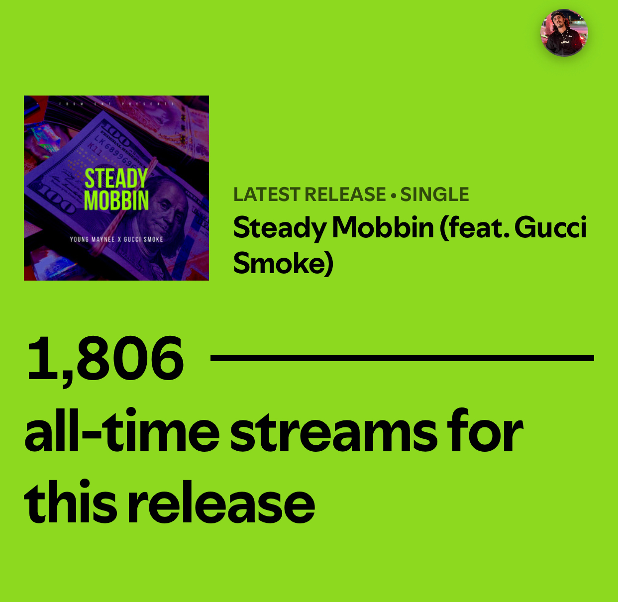 Green background with album cover, text about streaming numbers, and song details. Small profile picture in top right corner.