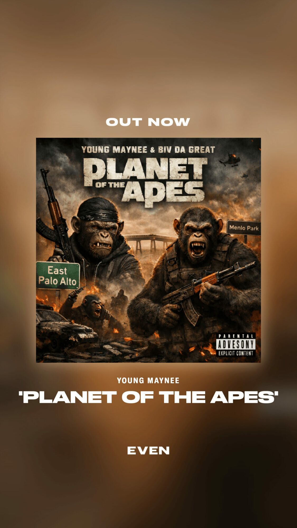 Promotional poster for 'Planet of the Apes' featuring two animated apes holding weapons, with text and a background of a war scene.