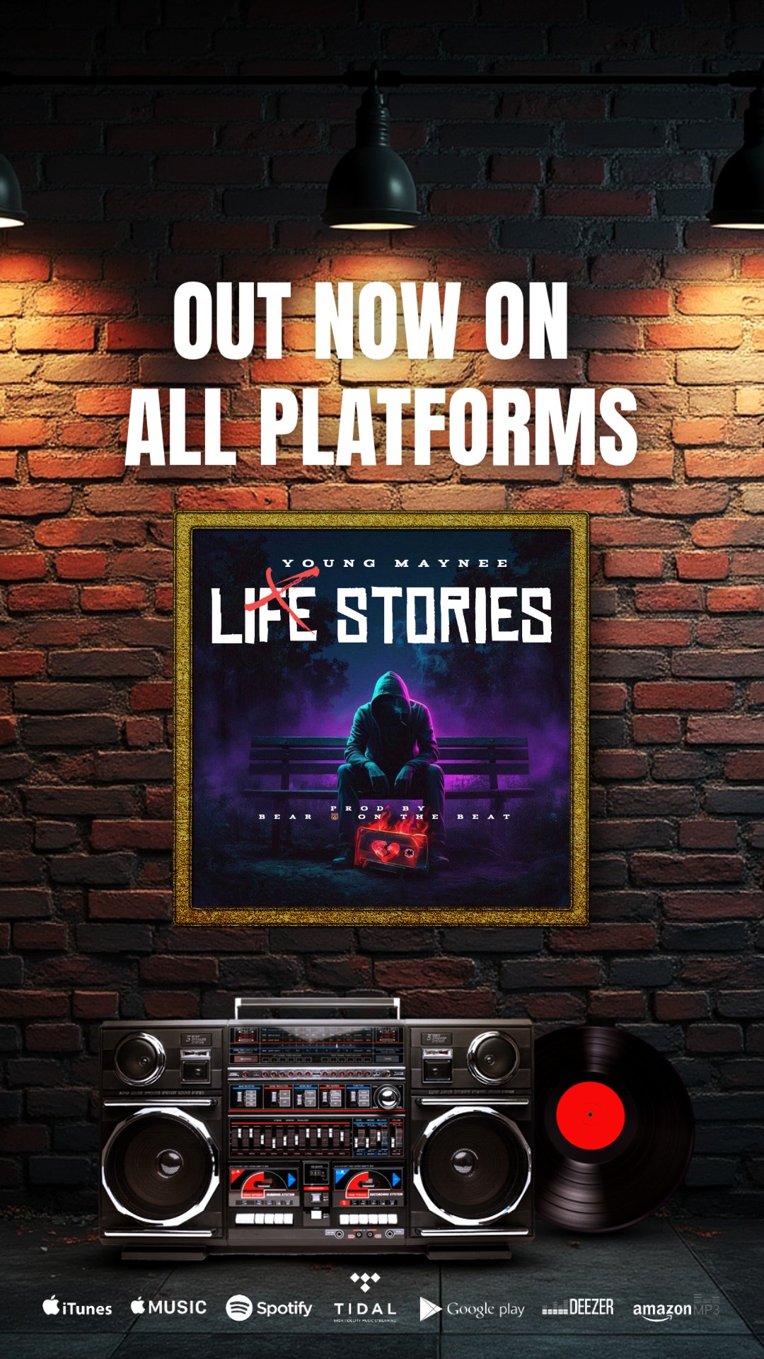 Brick wall with three hanging lights, promotional poster for a book titled 'Life Stories,' and a stereo system with a red record.