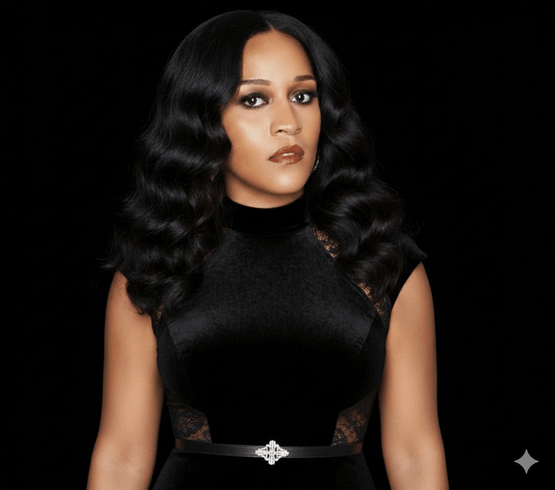 Woman with long black wavy hair wearing a black dress against a black background.