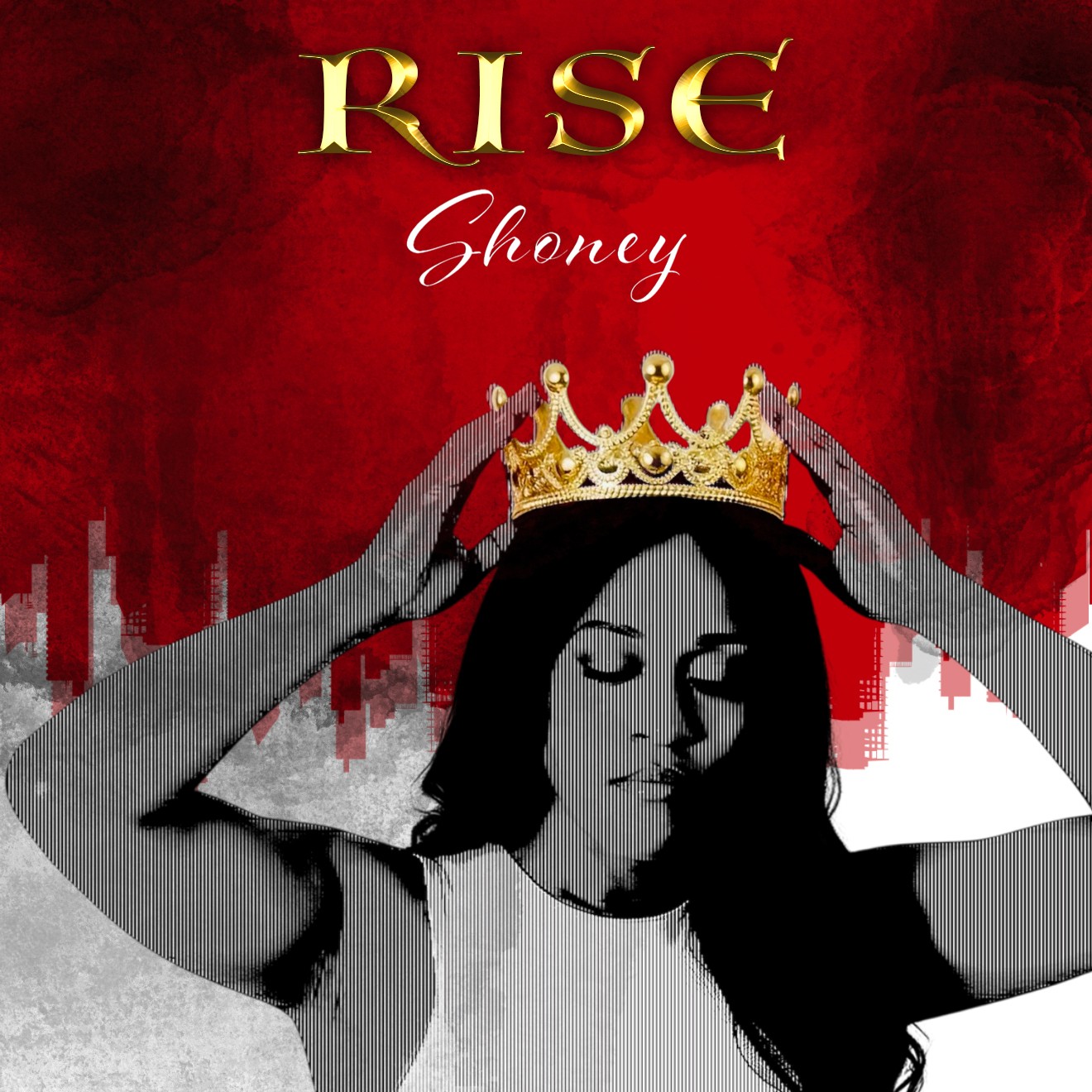 A woman places a crown on her head against a red background with cityscape silhouette, with the words 'RISE' and 'Shoney'.