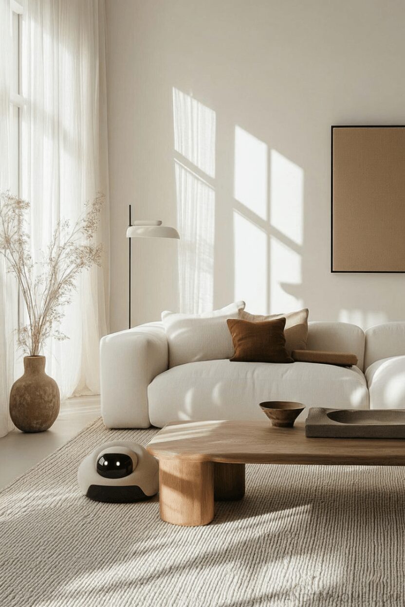 Bright living room with white sofa, brown pillows, wooden coffee table, and large window casting shadows on the wall.
