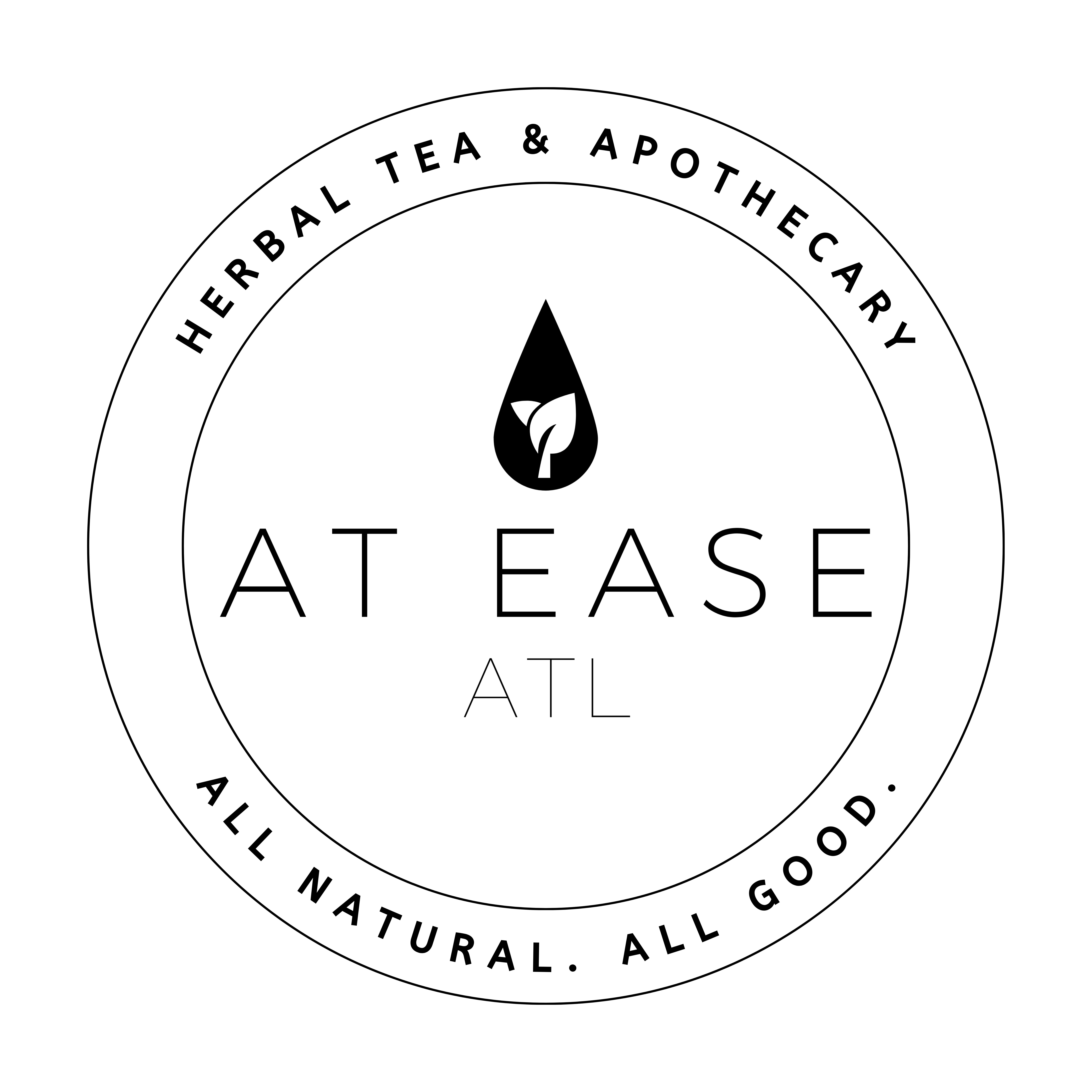 Circular logo with text 'Herbal Tea & Apothecary' and 'All Natural. All Good.' surrounding a teardrop shape with a leaf inside, and the words 'AT EASE ATL'.