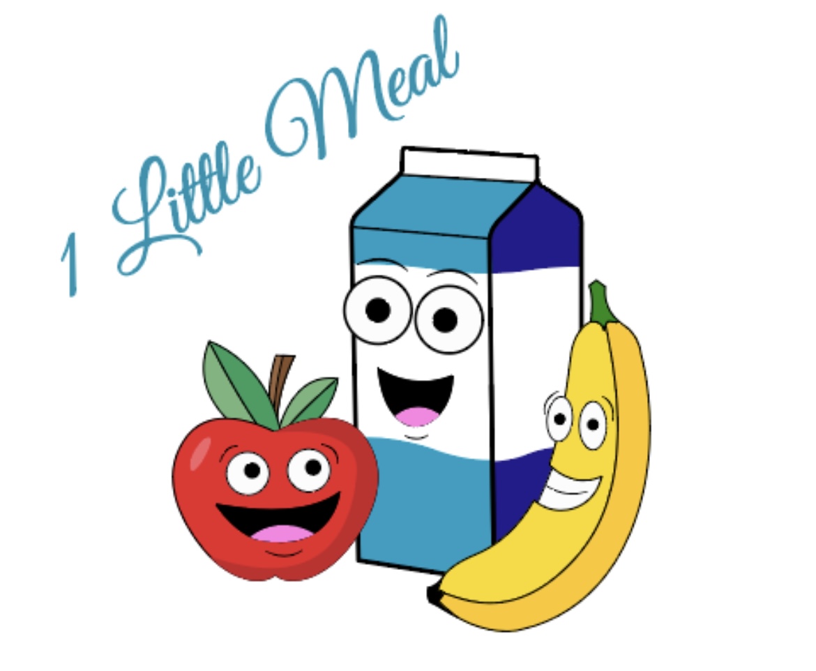 Cartoon of a milk carton, apple, and banana with smiling faces, with text '1 Little Meal' above. Word count: 20
