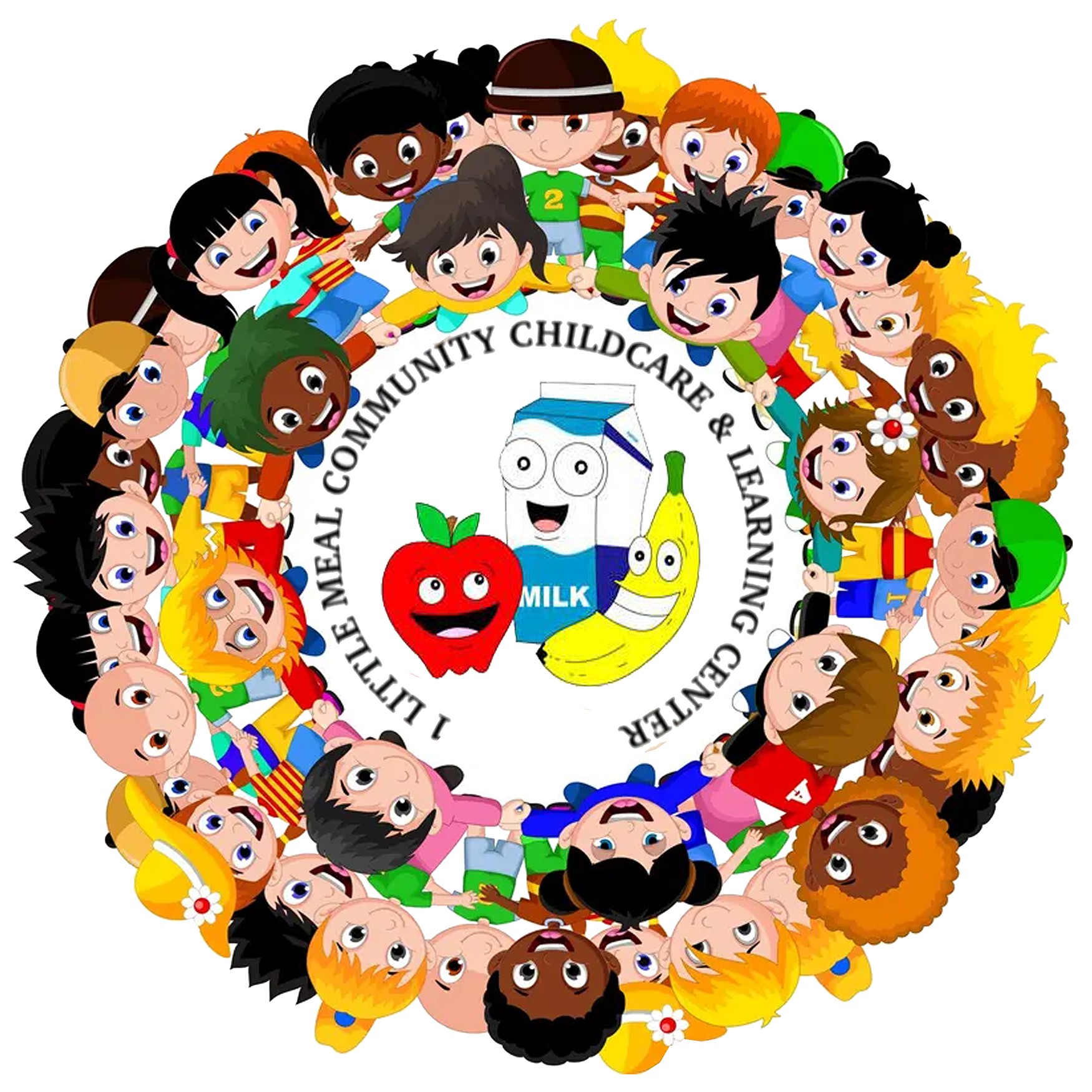 Group of diverse children around a circle with a milk carton, apple, and banana in the center, smiling and holding hands.