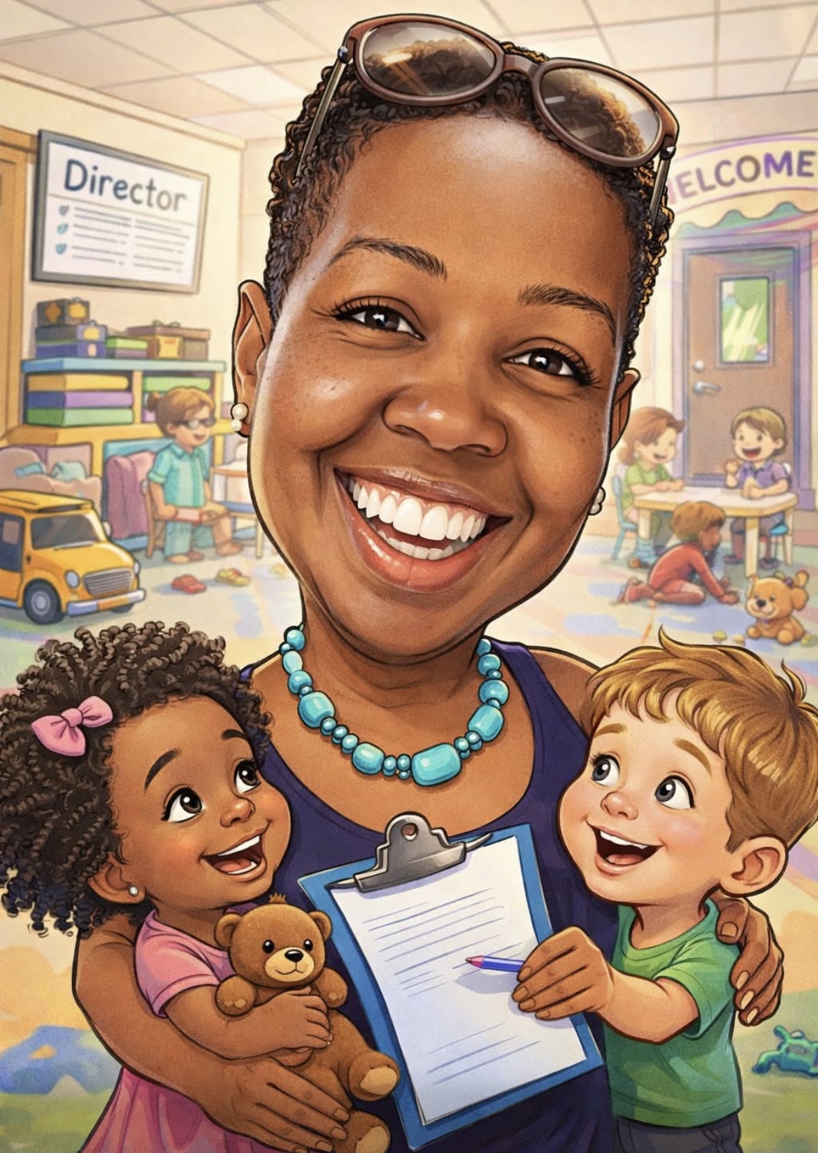 Smiling woman with sunglasses on her head holding two children, one with a teddy bear, in a colorful classroom setting.