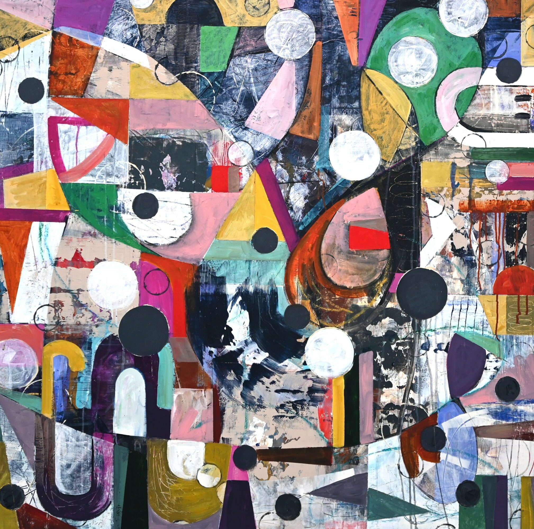 Abstract colorful painting with geometric shapes, circles, and lines in various colors and textures.