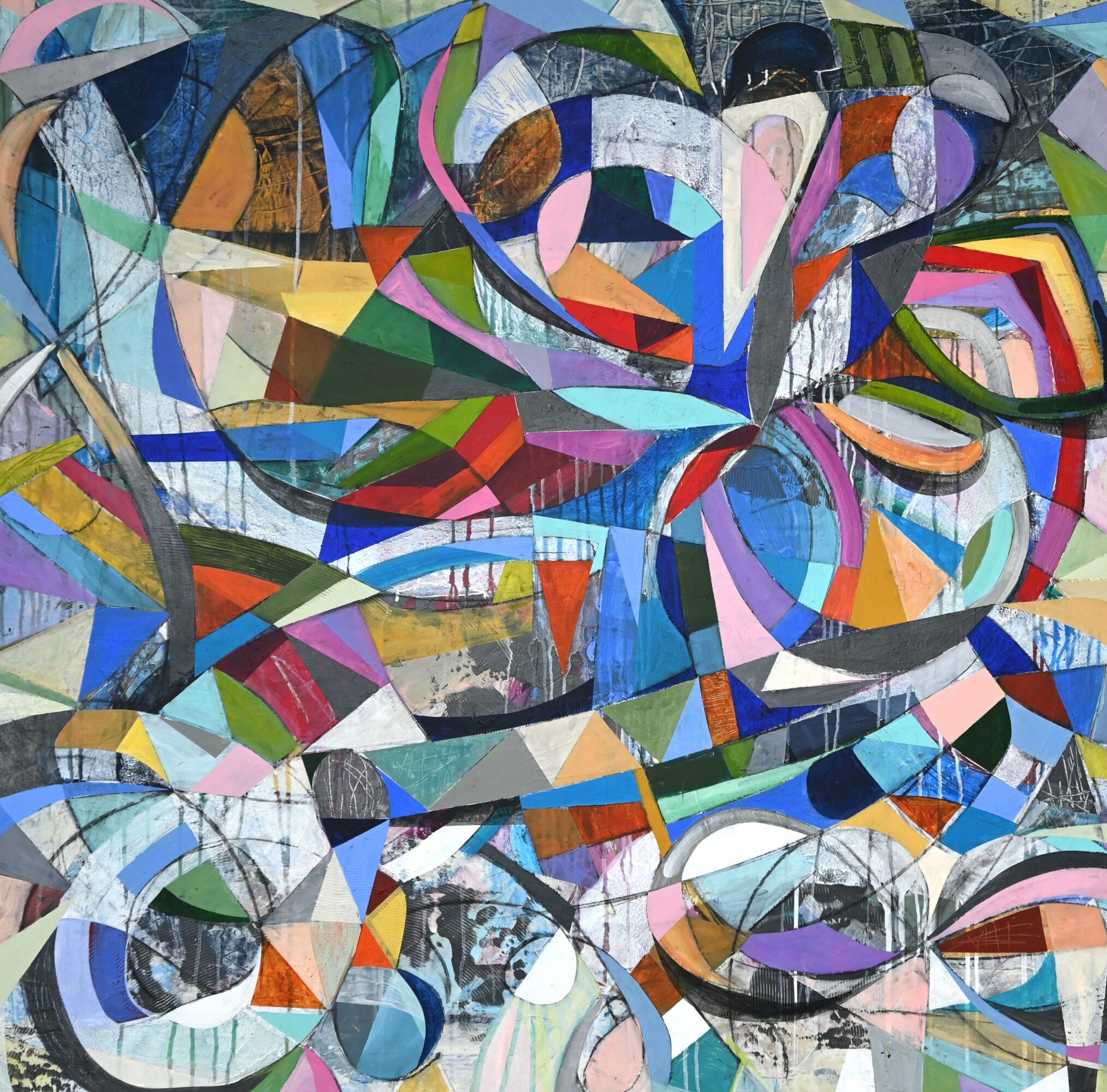 Abstract colorful geometric shapes and patterns in a mosaic style, with various colors and overlapping forms.