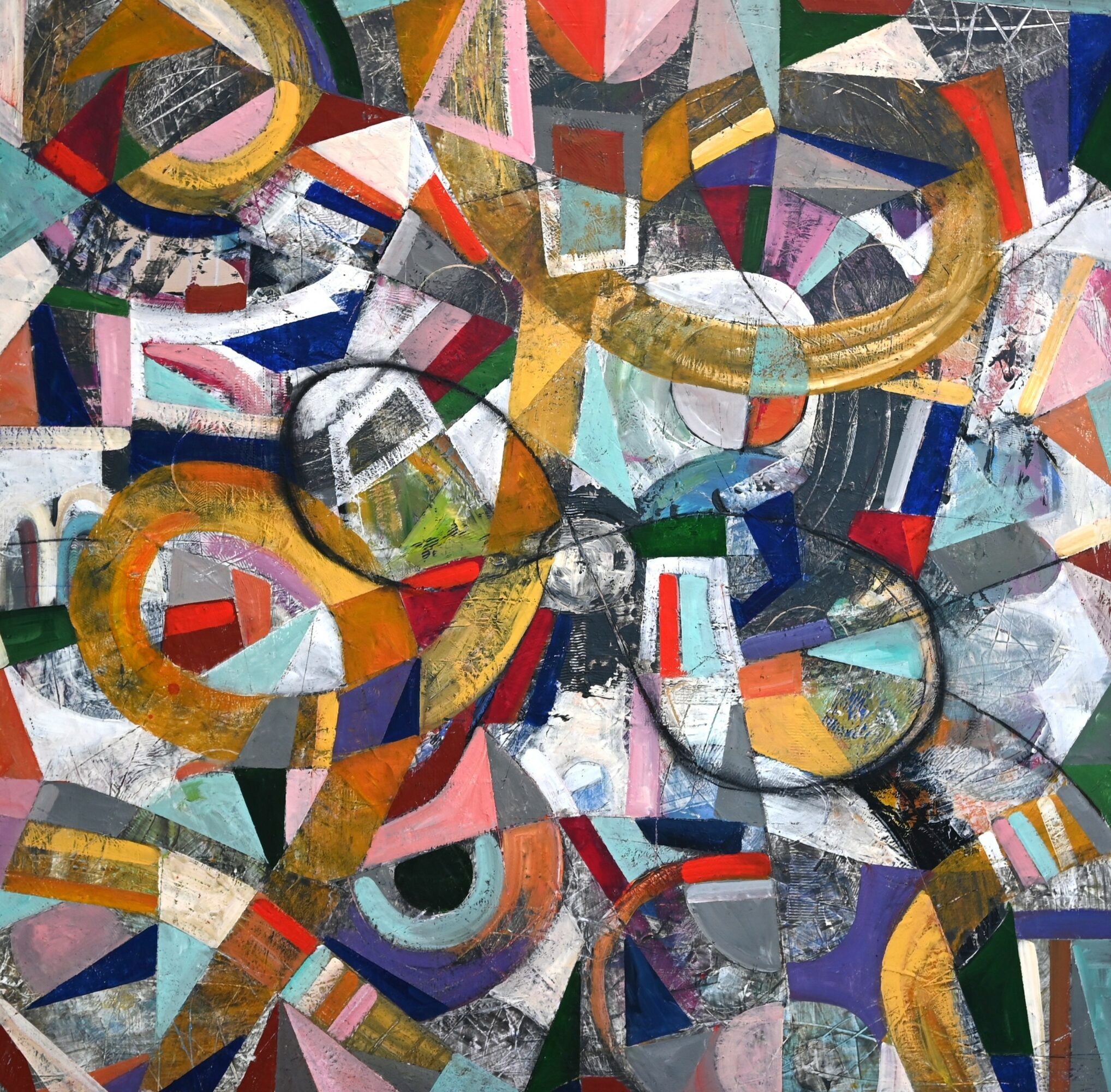 Abstract painting with colorful geometric shapes and curved lines, predominantly in shades of blue, red, yellow, and purple.