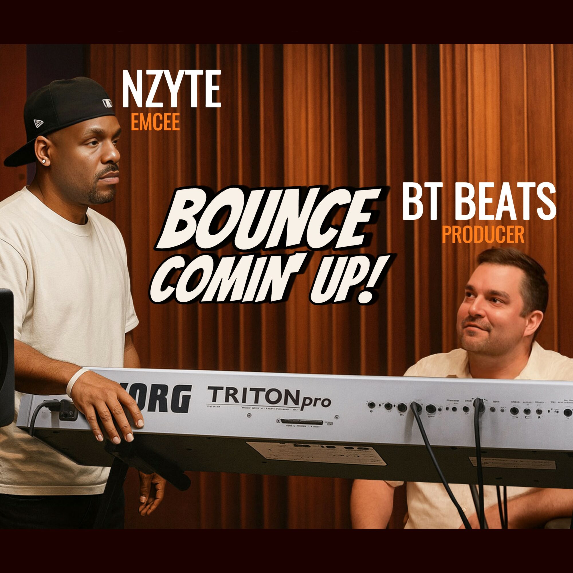 Two men in a music studio with a keyboard, one standing and one sitting, with text about a music event.
