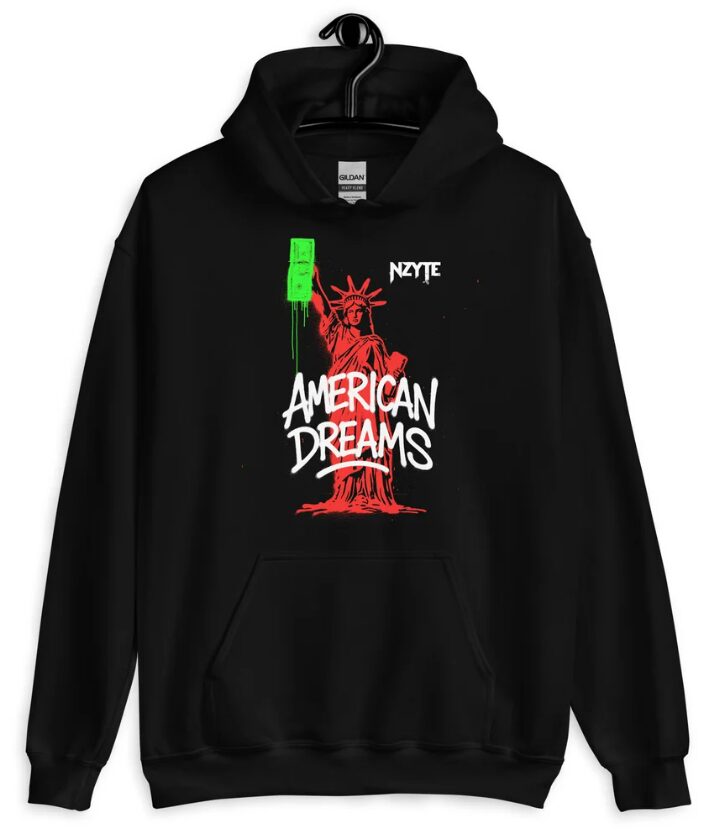 Black hoodie with a red graphic of the Statue of Liberty and white text reading 'American Dreams'.