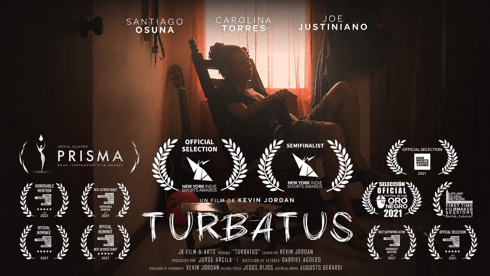 Movie poster with film festival laurels, title 'TURBATUBAS', and names Santiago Osuna, Carolina Torres, Joe Justiniano, with a person sitting on a bed.