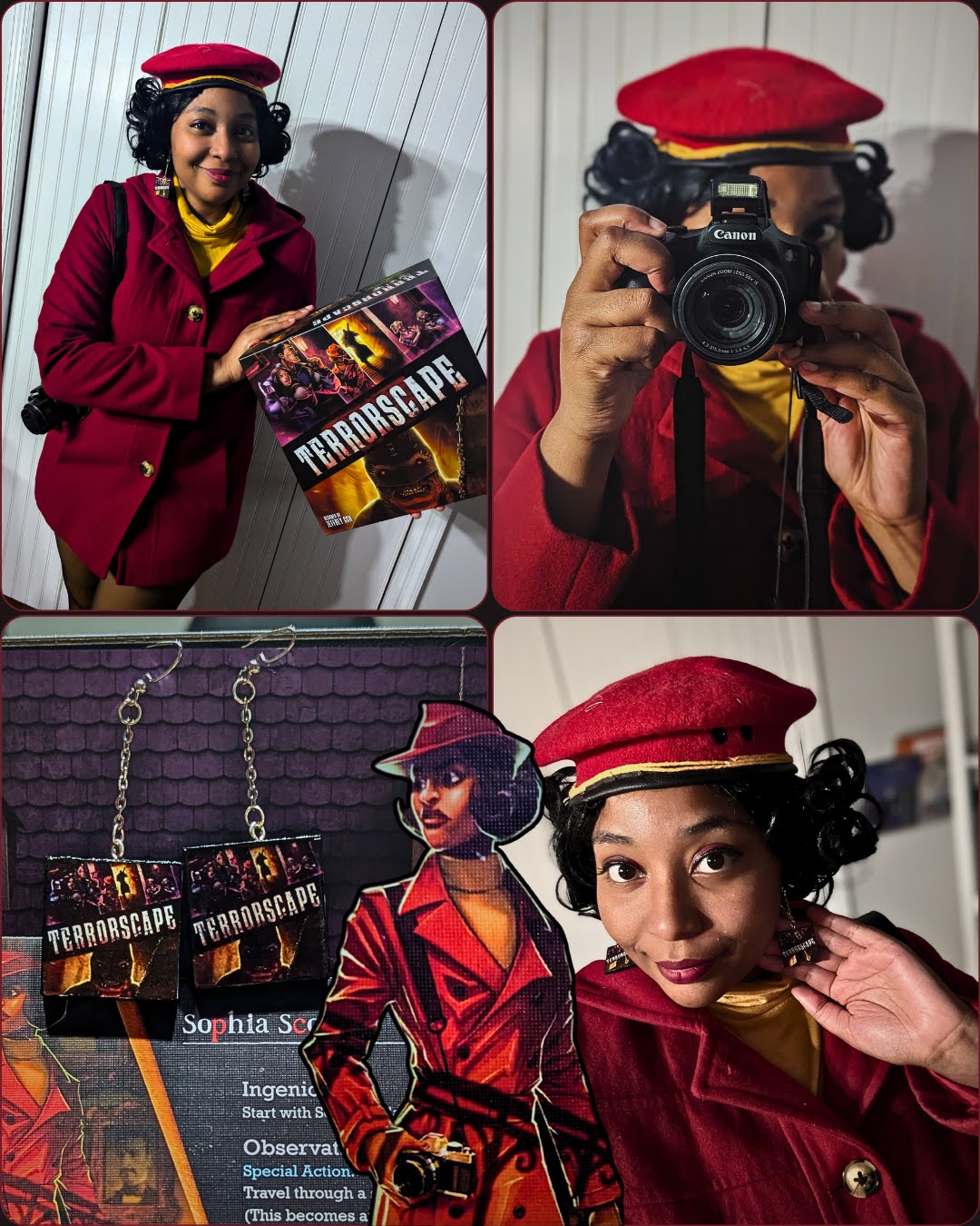 Person dressed as a detective holding a 'TerrorScope App' box, wearing a red coat and hat, with a woman in a red coat and hat, and a person taking a photo with a camera. Two 'TerrorScope App' keychains are also visible.