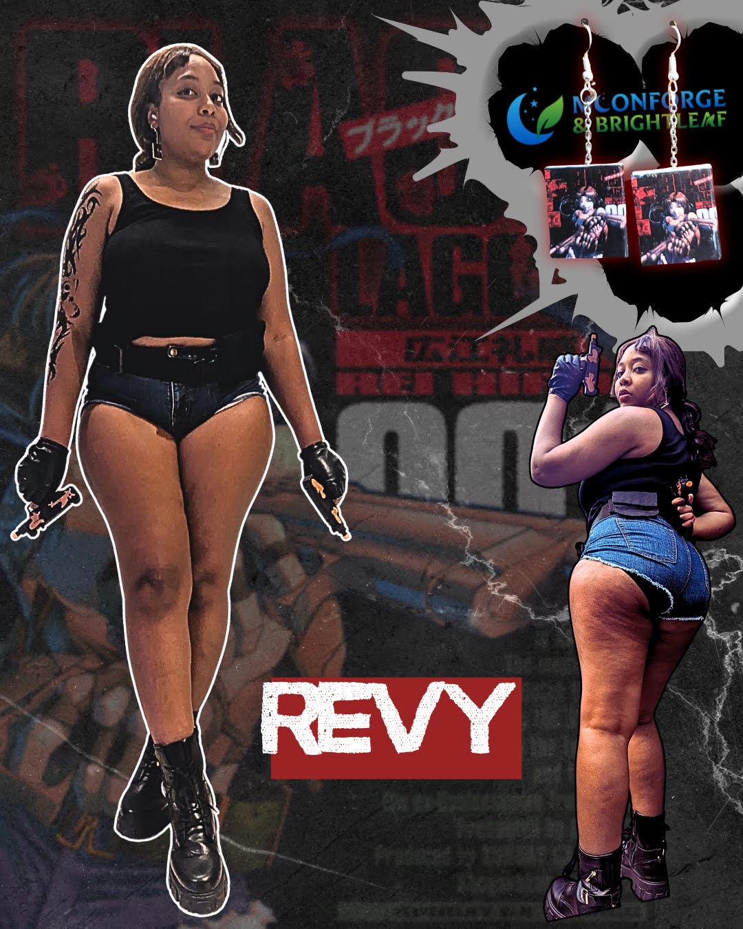 Two women in casual outfits, one standing and one with her back turned, in front of a dark background with text and graphics.