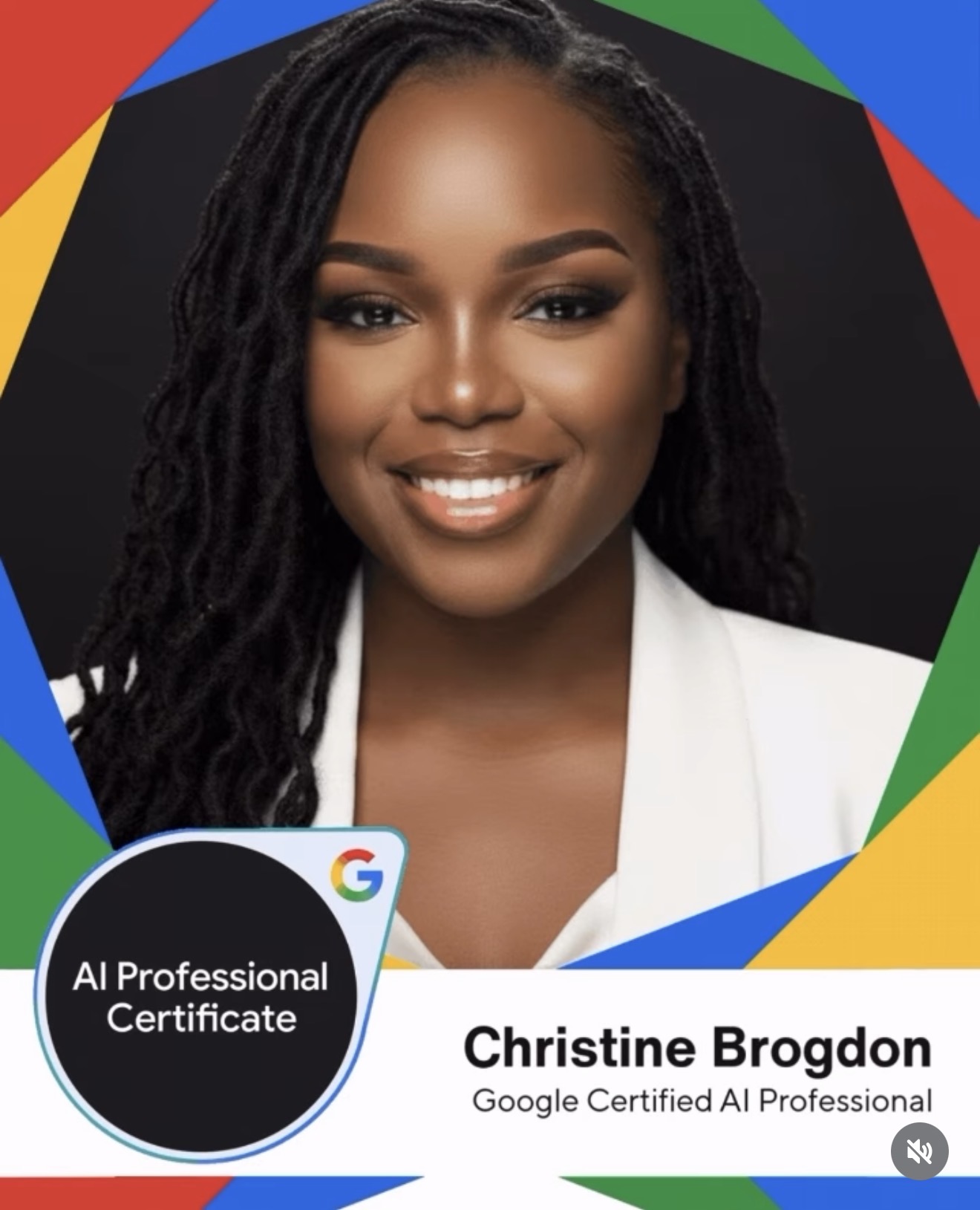 Portrait of a smiling woman with long dreadlocks, wearing a white blazer, against a colorful geometric background.