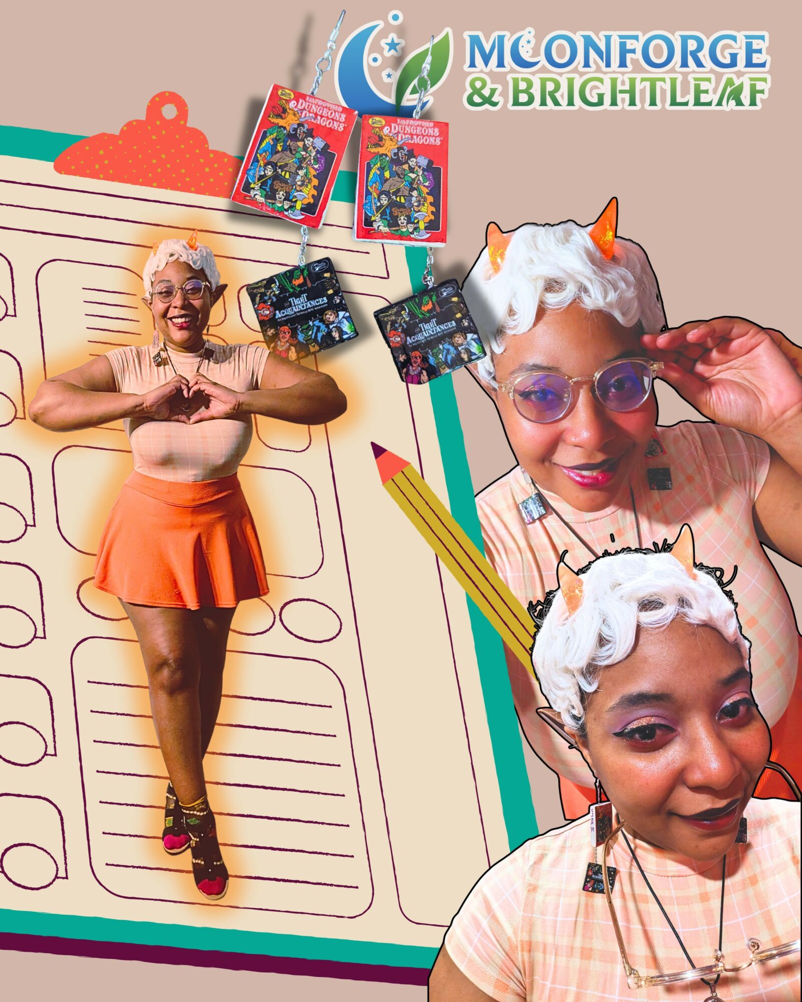 Two women with white wigs, glasses, and playful accessories pose against a colorful background with books and drawings.