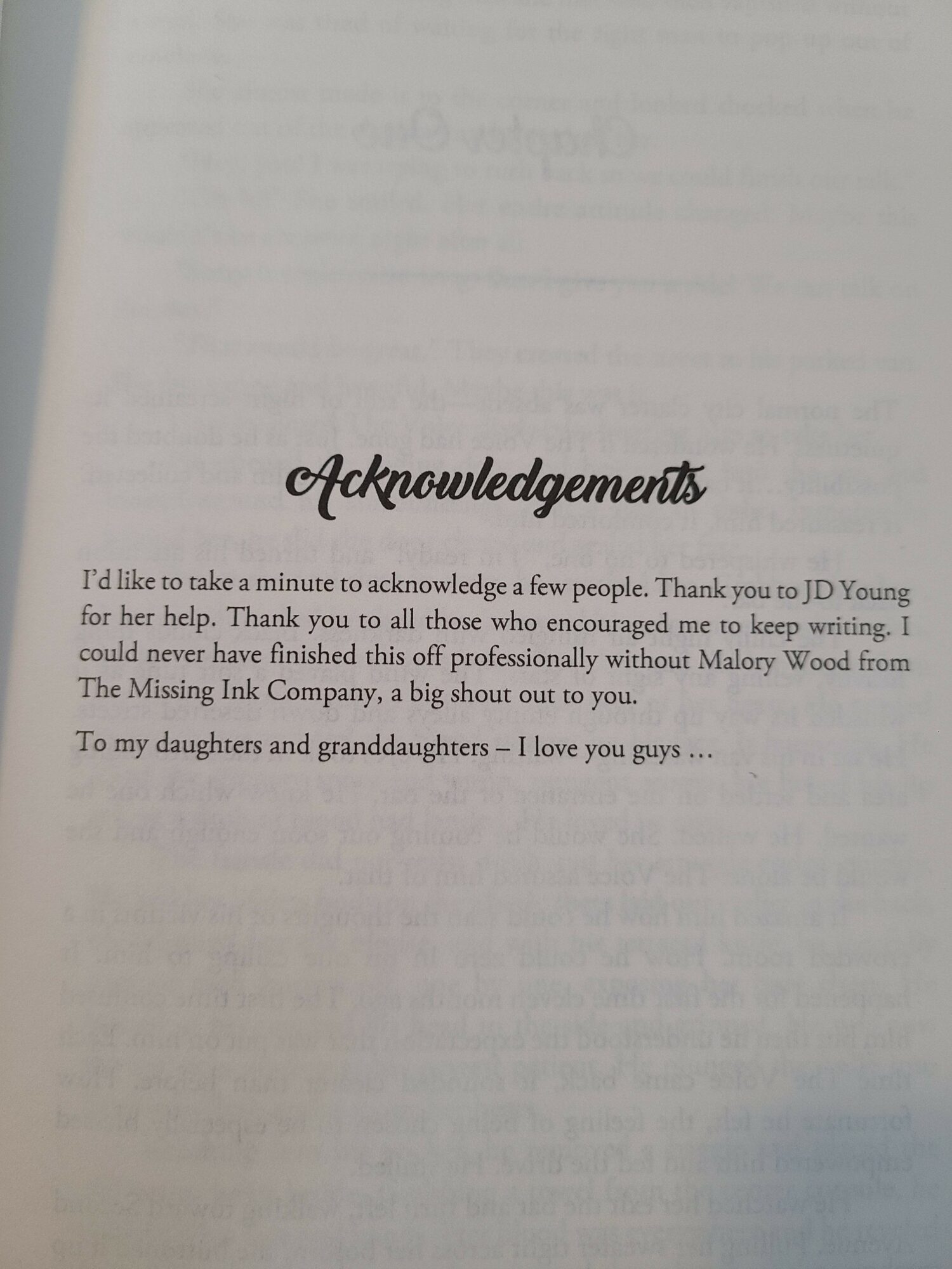 Acknowledgments page with text thanking models, family, and colleagues, and expressing gratitude for support and professional growth.