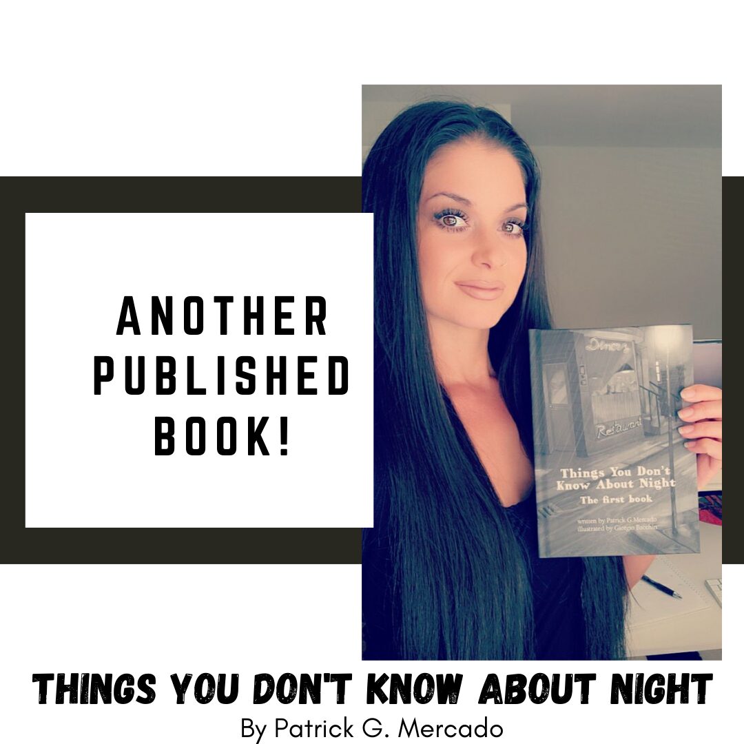 Woman with long dark hair holding a book titled 'Things You Don't Know About Night' in a room.